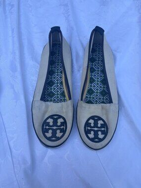 Tory Burch Canvas Logo Slip-On Flats Natural Navy Size 8.5